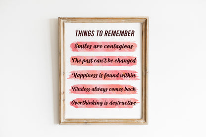 Things To Remember Pink Motivational Art, Wall Art, Inspirational, Positive Art Print