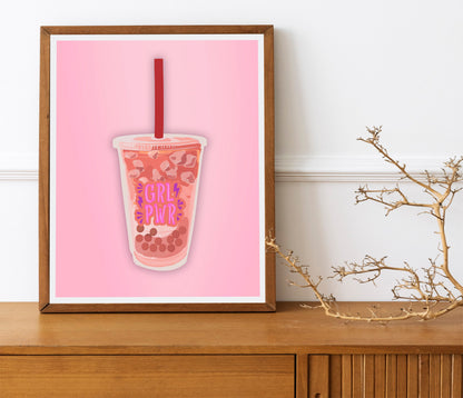 Pink Boba Girl Power Cute Illustration Art Print