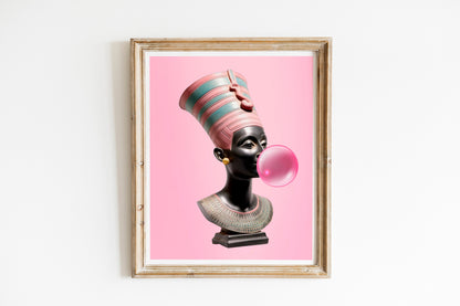 Nefertiti Art Print, Woman Blowing Bubble, Maximalist, Woman Art, Old Painting Art Print, Bubblegum Art, Pink Art, Egyptian