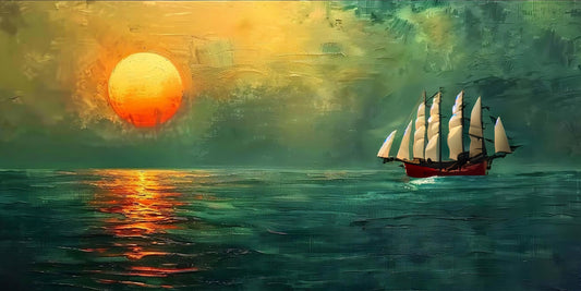 Boat In Ocean With Sunset Canvas Art Print, Water Art, Fisher Art