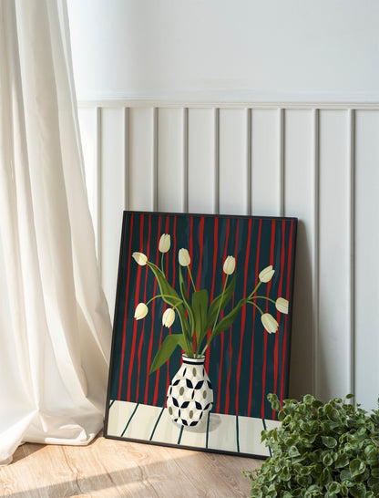 Eclectic Contemporary Wall Decor, Abstract Art Print, Tulips In Checkered Vase, Flowers In Vase Painting Illustration Art Print