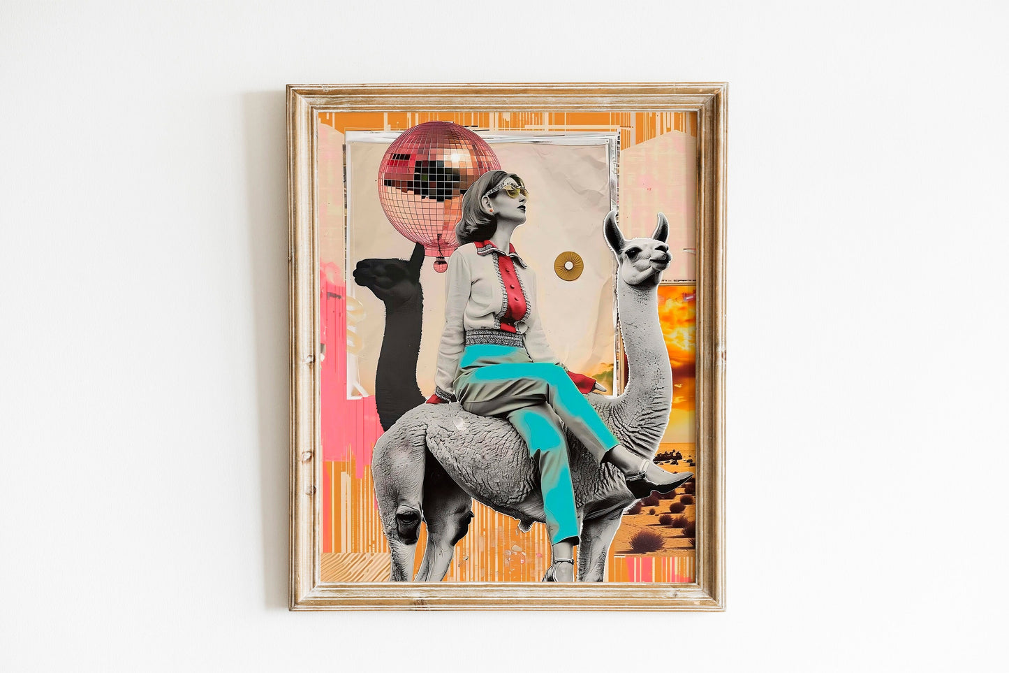 Trendy Disco Ball Llama, Funky 70’s Print, Retro, Maximalist Woman Sitting on Llama With Disco Ball Art Print, Unique Wall Decor