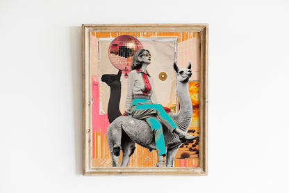 Trendy Disco Ball Llama, Funky 70’s Print, Retro, Maximalist Woman Sitting on Llama With Disco Ball Art Print, Unique Wall Decor