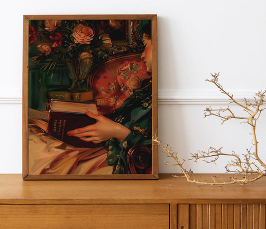 Vintage Portrait, Bibliophile Art Enthusiast, Woman Asleep With Book, Flowers and Books Art Print, Flower Print, Book Art