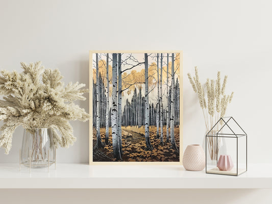 Vintage White Birch Tree Forest Print, Forest And Leaves Art Print, Plant Art, Garden Art, Tree Art, Nature Wall Decor