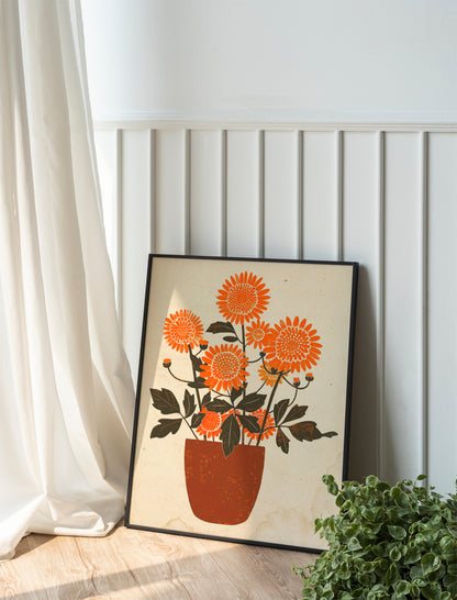 Marigold Flowers In Vase Painting Illustration Art Print, Mexican Flower Art