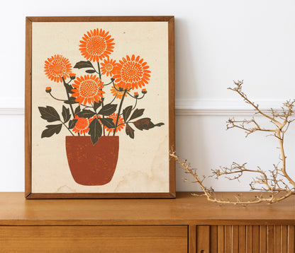 Marigold Flowers In Vase Painting Illustration Art Print, Mexican Flower Art
