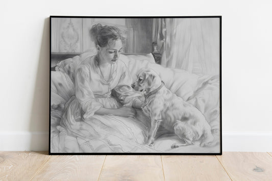 French Sepia Etching, A Woman and Her Faithful Dog, Vintage European Print, Girl With Dog Drawing Sketch Black And White Art Print