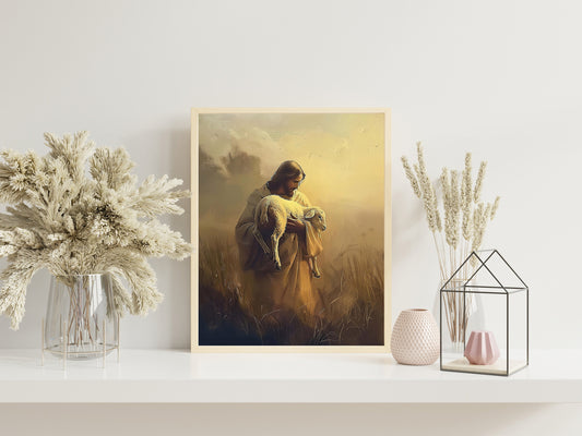Jesus Holding A Lamb, Easter Christian Boho Art Print, Religious Art