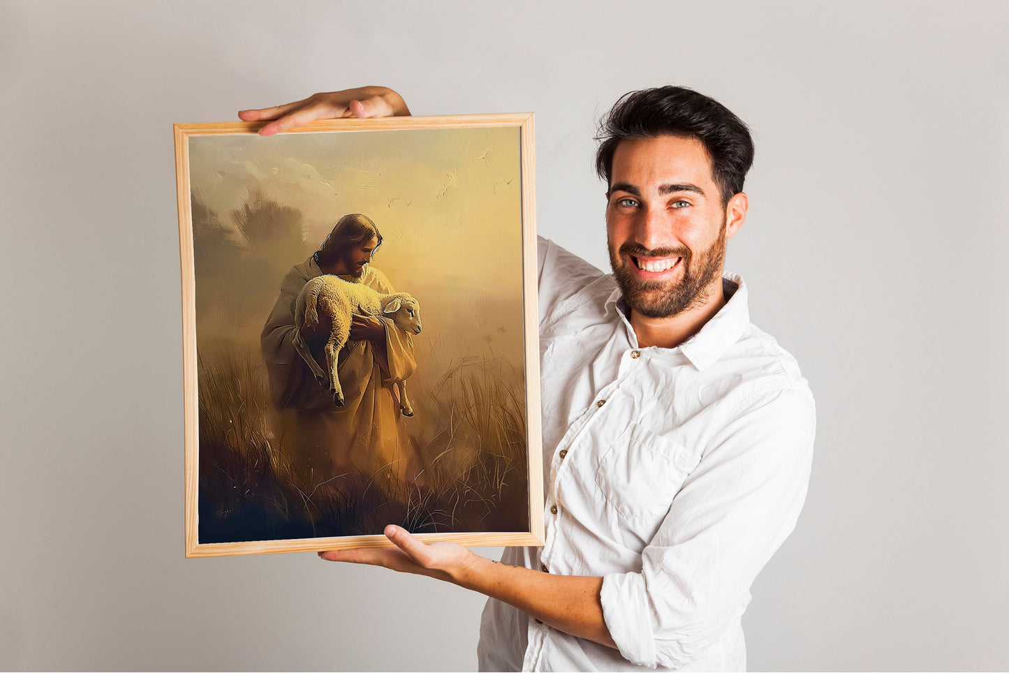 Jesus Holding A Lamb, Easter Christian Boho Art Print, Religious Art