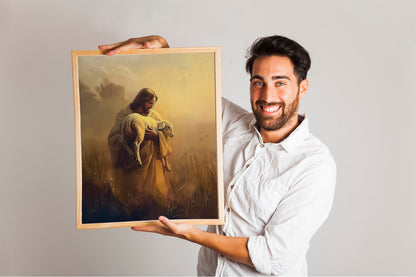 Jesus Holding A Lamb, Easter Christian Boho Art Print, Religious Art