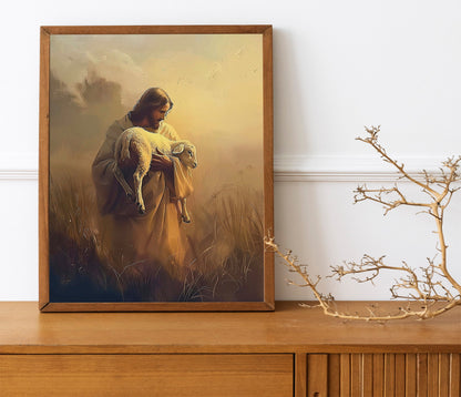 Jesus Holding A Lamb, Easter Christian Boho Art Print, Religious Art