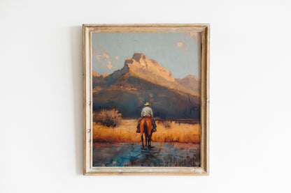 Cowboy Riding Horse In Desert Country Art Print