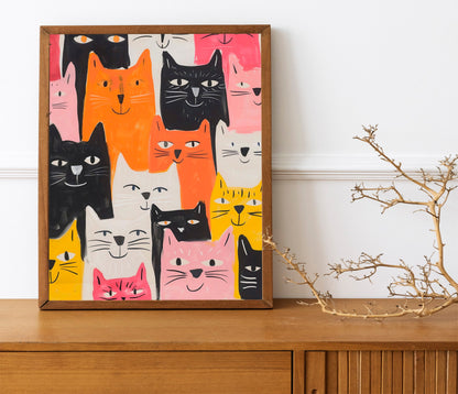 Cat Collage Boho Style Art Print, Cat Lovers Art