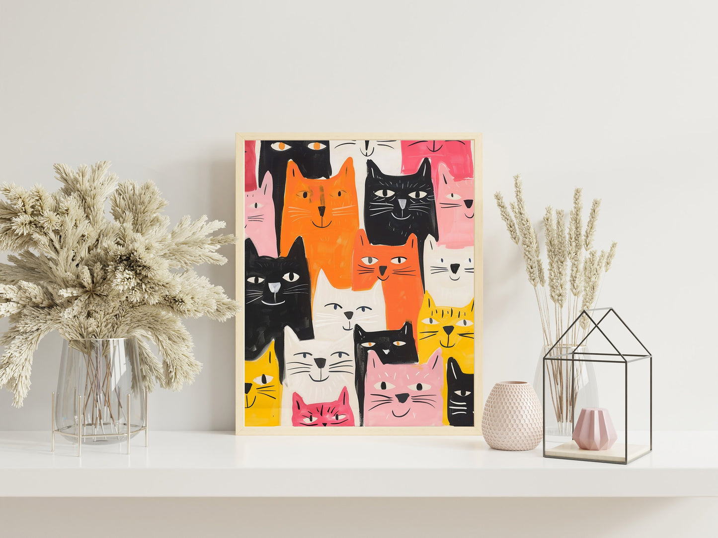 Cat Collage Boho Style Art Print, Cat Lovers Art