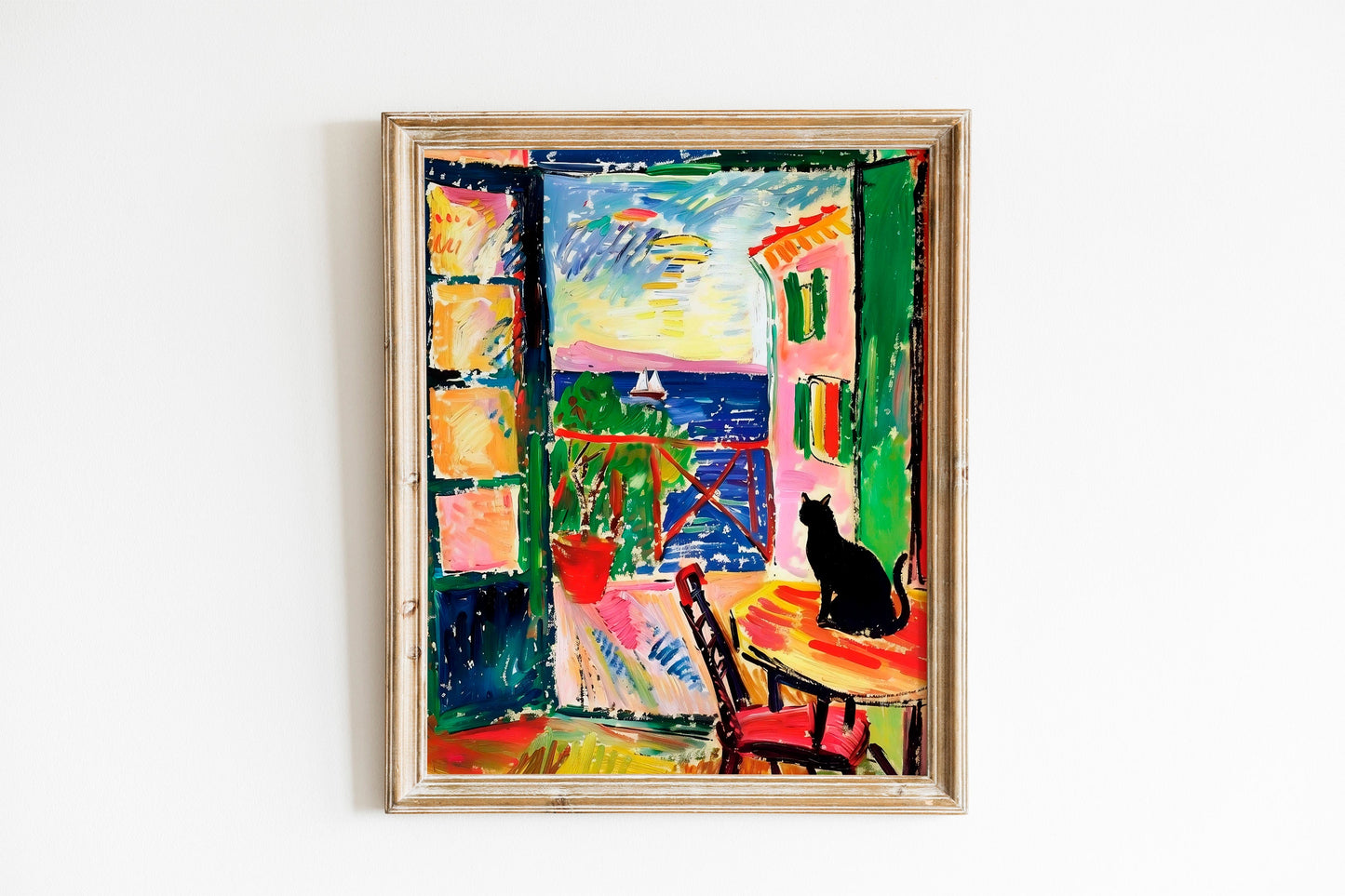 Henri Matise Black Cat Looking Out Window With Plants Art Print