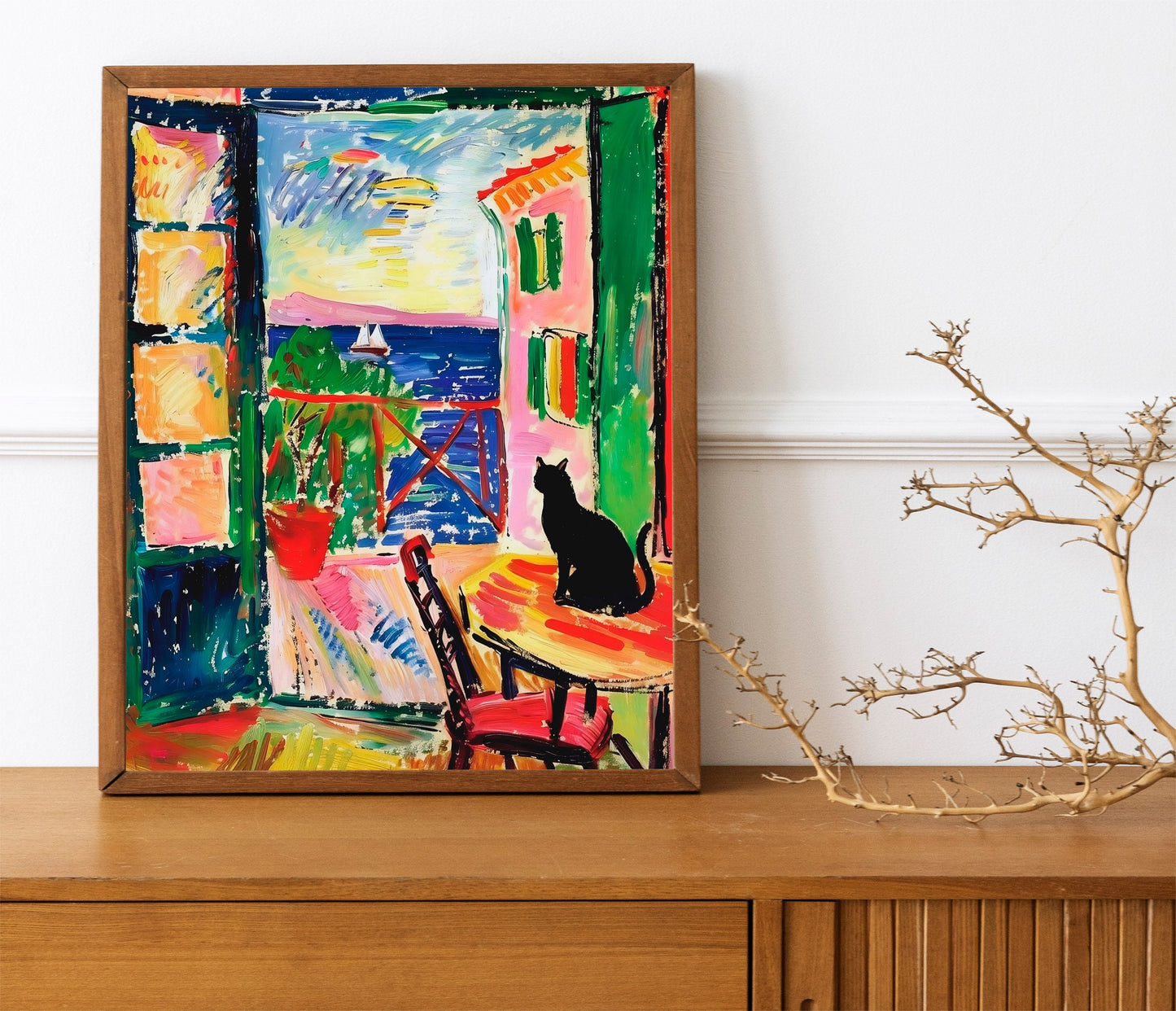 Henri Matise Black Cat Looking Out Window With Plants Art Print