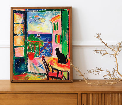 Henri Matise Black Cat Looking Out Window With Plants Art Print