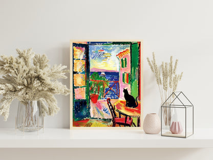 Henri Matise Black Cat Looking Out Window With Plants Art Print