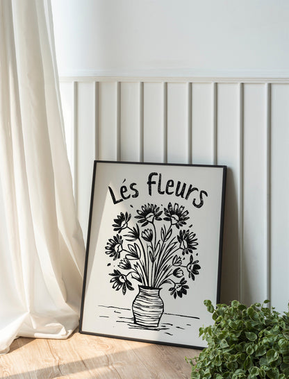 Black and White Flowers In Vase Painting Illustration Art Print, French Flowers