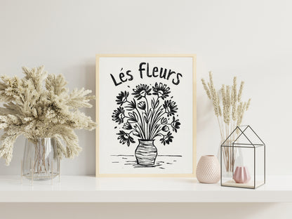Black and White Flowers In Vase Painting Illustration Art Print, French Flowers