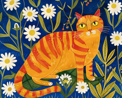 Cute Orange Cat With Ferns In Vintage Boho Style Art Print, Cat lovers Art, Floral piece