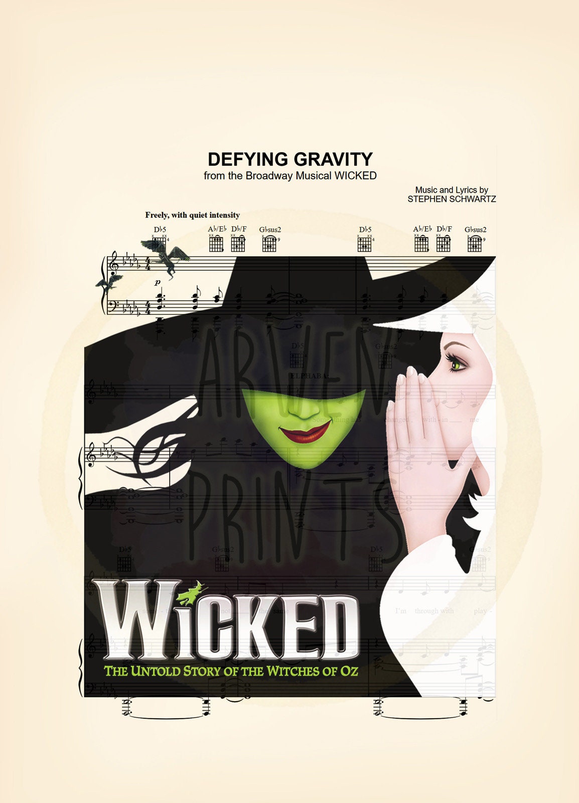 Wicked Defying Gravity Elphaba and Glinda Sheet Music Art Print