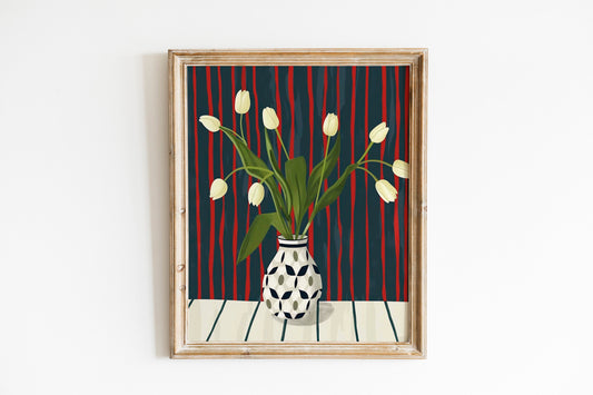 Eclectic Contemporary Wall Decor, Abstract Art Print, Tulips In Checkered Vase, Flowers In Vase Painting Illustration Art Print