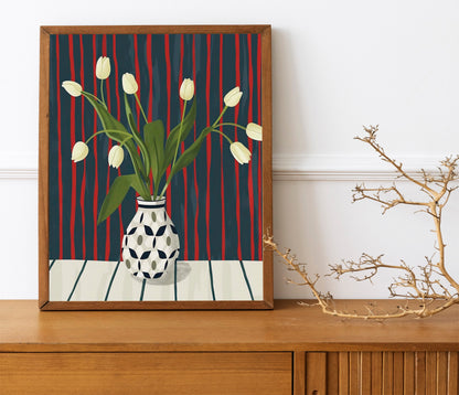 Eclectic Contemporary Wall Decor, Abstract Art Print, Tulips In Checkered Vase, Flowers In Vase Painting Illustration Art Print