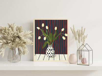 Eclectic Contemporary Wall Decor, Abstract Art Print, Tulips In Checkered Vase, Flowers In Vase Painting Illustration Art Print