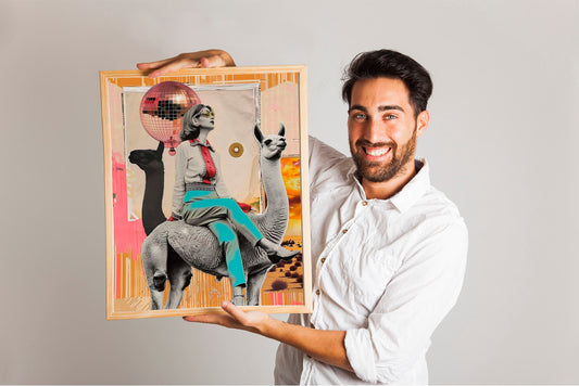 Trendy Disco Ball Llama, Funky 70’s Print, Retro, Maximalist Woman Sitting on Llama With Disco Ball Art Print, Unique Wall Decor