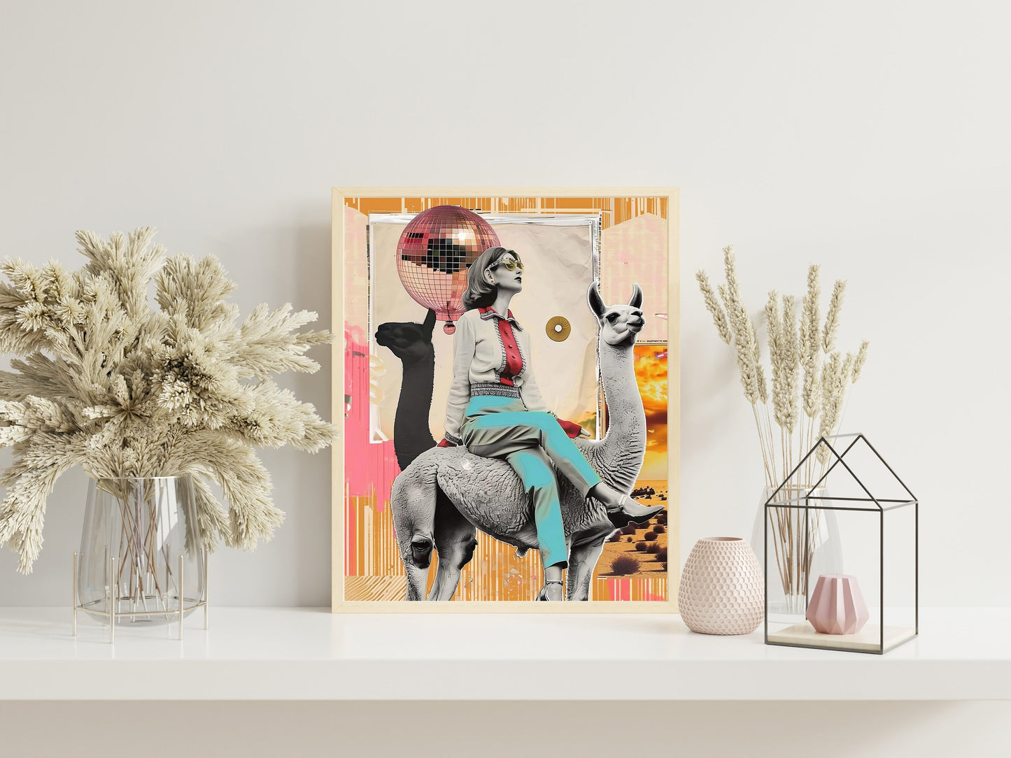 Trendy Disco Ball Llama, Funky 70’s Print, Retro, Maximalist Woman Sitting on Llama With Disco Ball Art Print, Unique Wall Decor