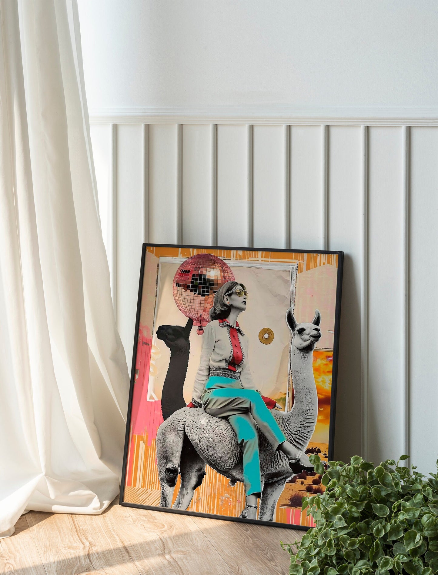 Trendy Disco Ball Llama, Funky 70’s Print, Retro, Maximalist Woman Sitting on Llama With Disco Ball Art Print, Unique Wall Decor