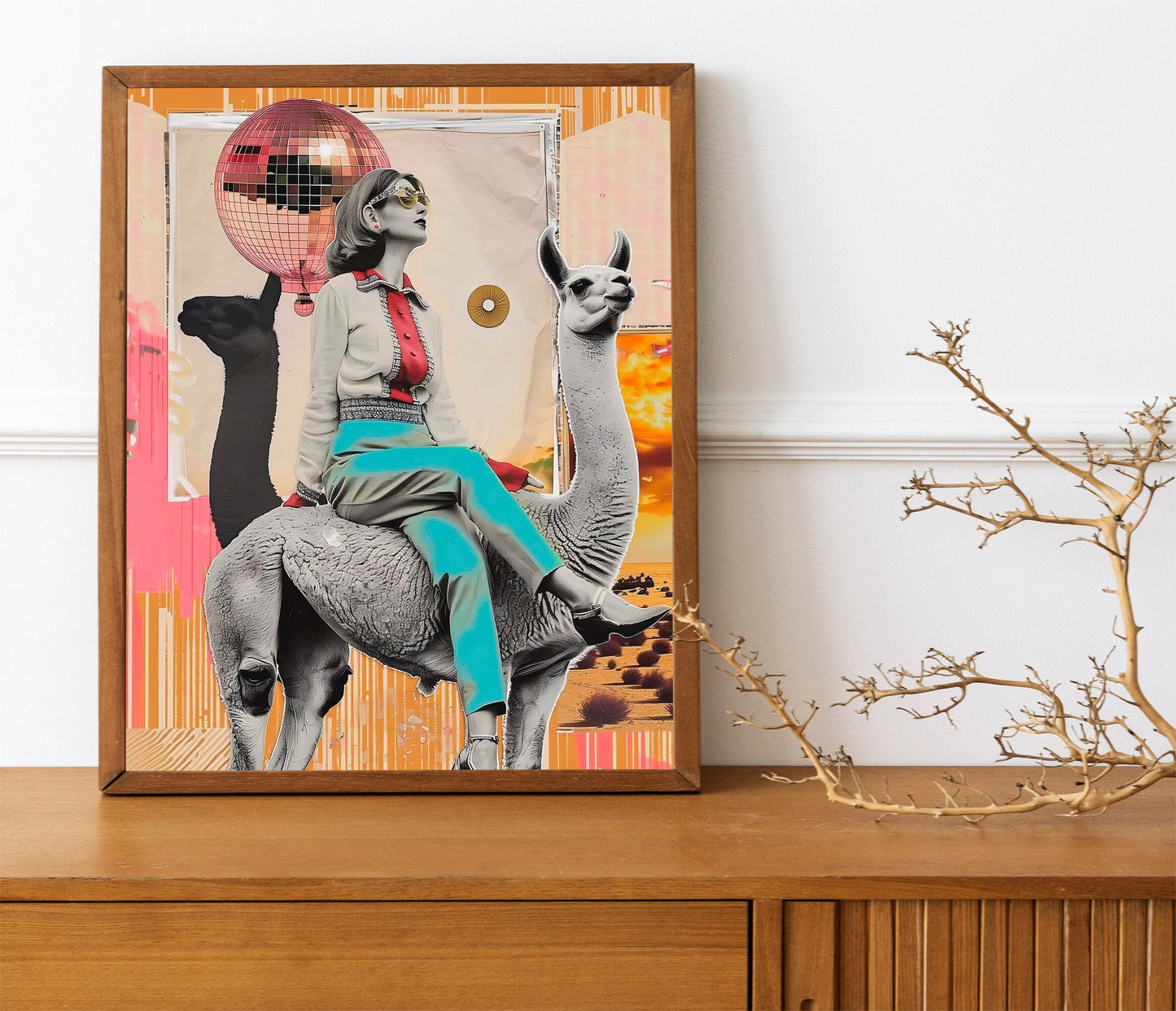 Trendy Disco Ball Llama, Funky 70’s Print, Retro, Maximalist Woman Sitting on Llama With Disco Ball Art Print, Unique Wall Decor