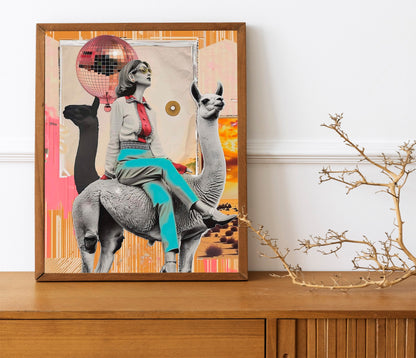 Trendy Disco Ball Llama, Funky 70’s Print, Retro, Maximalist Woman Sitting on Llama With Disco Ball Art Print, Unique Wall Decor