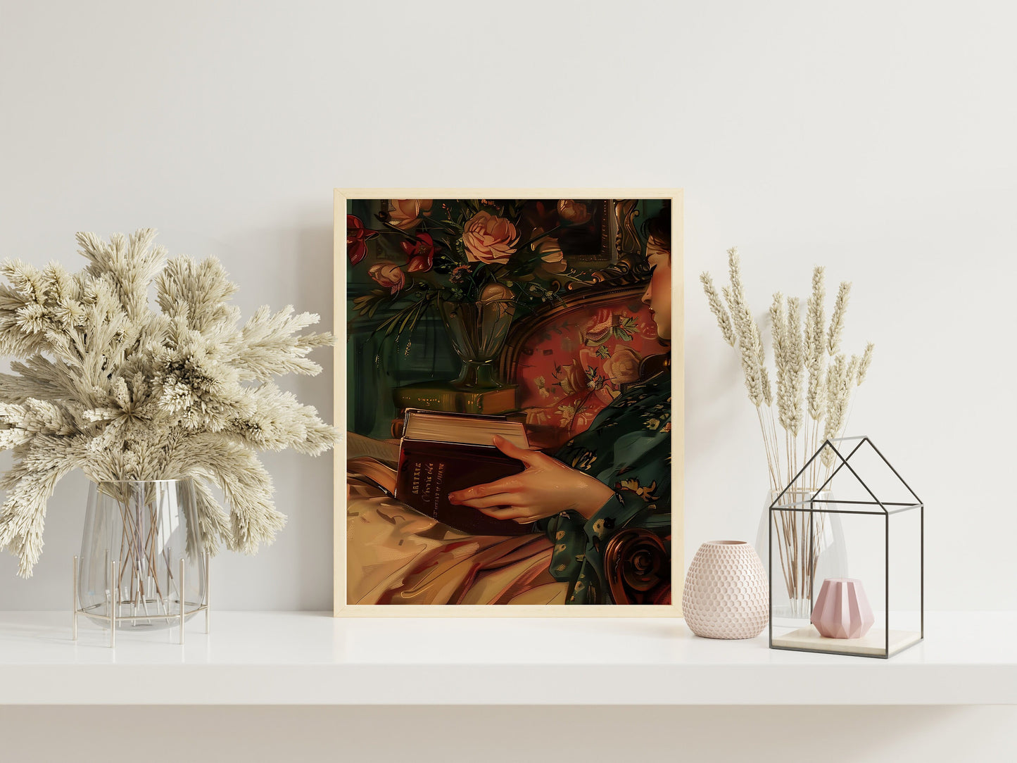 Vintage Portrait, Bibliophile Art Enthusiast, Woman Asleep With Book, Flowers and Books Art Print, Flower Print, Book Art