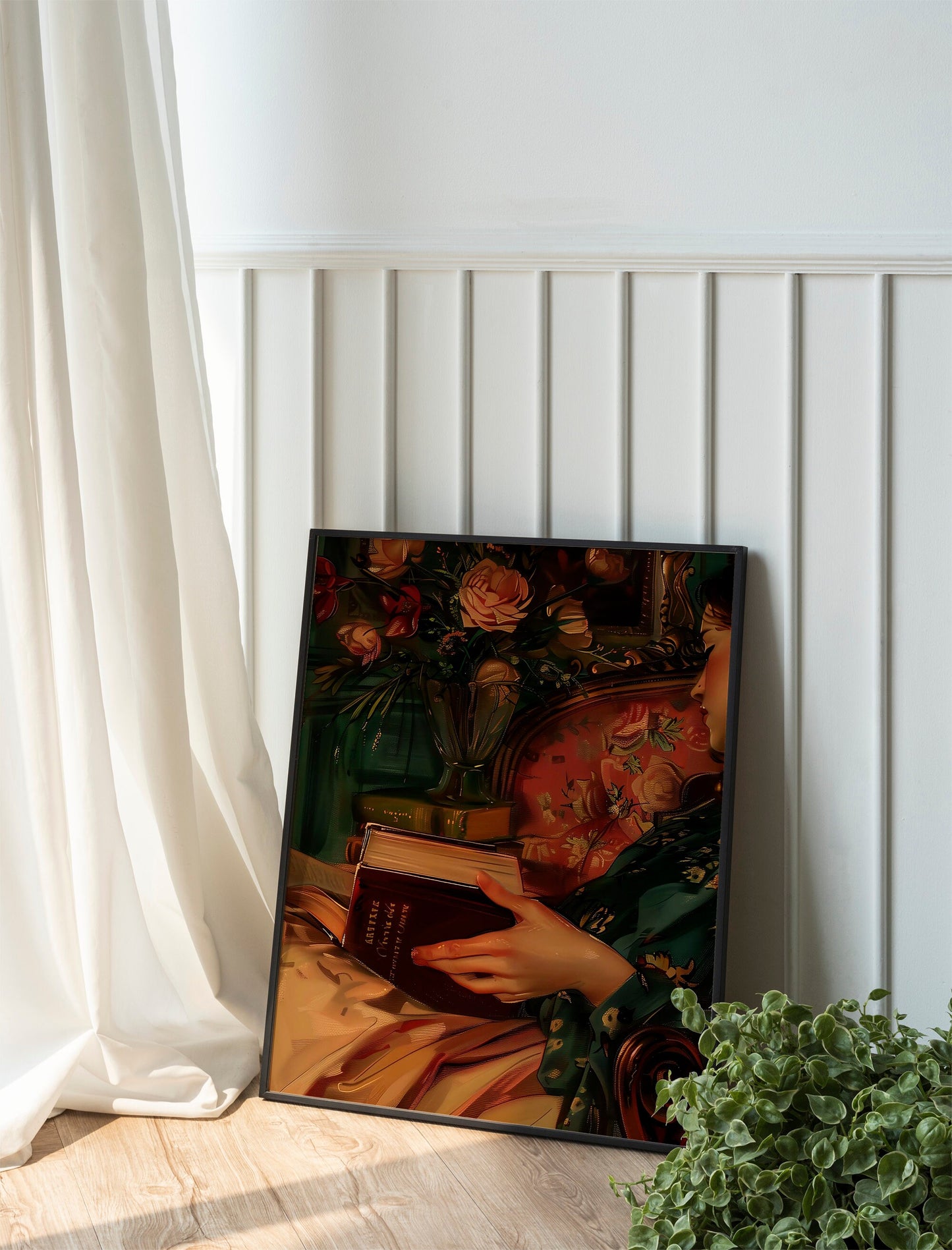 Vintage Portrait, Bibliophile Art Enthusiast, Woman Asleep With Book, Flowers and Books Art Print, Flower Print, Book Art
