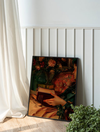 Vintage Portrait, Bibliophile Art Enthusiast, Woman Asleep With Book, Flowers and Books Art Print, Flower Print, Book Art