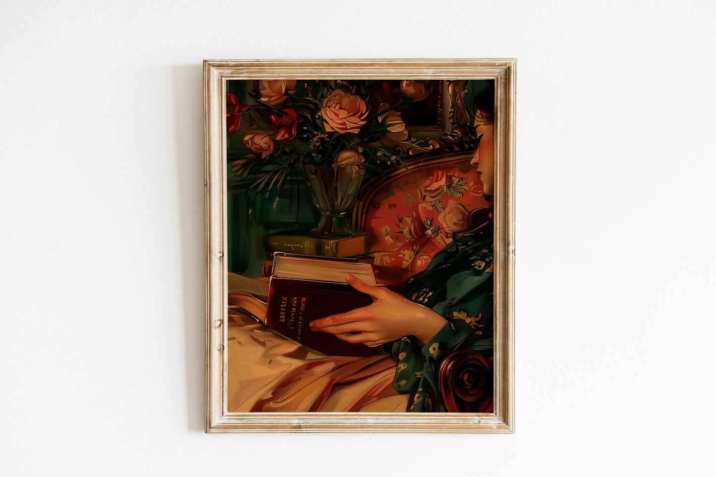 Vintage Portrait, Bibliophile Art Enthusiast, Woman Asleep With Book, Flowers and Books Art Print, Flower Print, Book Art