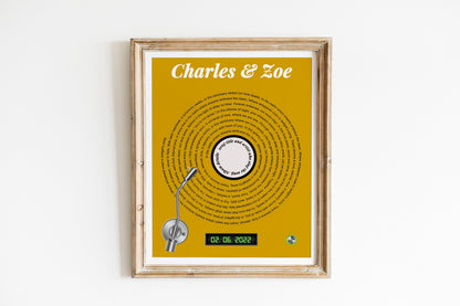 Song Lyric, Names And Date Record Player Print, Lyric Wall Art, Wedding Anniversary, Actual Sheet Music Art Print