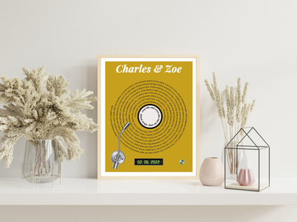 Song Lyric, Names And Date Record Player Print, Lyric Wall Art, Wedding Anniversary, Actual Sheet Music Art Print