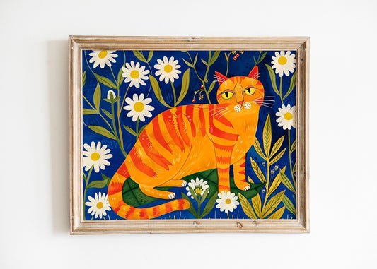 Cute Orange Cat With Ferns In Vintage Boho Style Art Print, Cat lovers Art, Floral piece