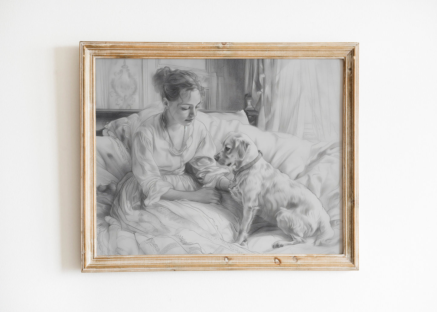 French Sepia Etching, A Woman and Her Faithful Dog, Vintage European Print, Girl With Dog Drawing Sketch Black And White Art Print