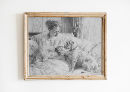 French Sepia Etching, A Woman and Her Faithful Dog, Vintage European Print, Girl With Dog Drawing Sketch Black And White Art Print