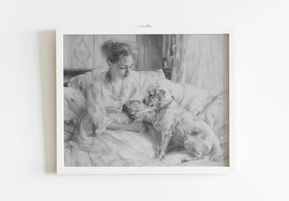 French Sepia Etching, A Woman and Her Faithful Dog, Vintage European Print, Girl With Dog Drawing Sketch Black And White Art Print