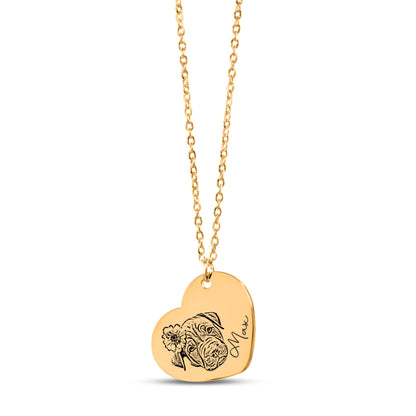 heart shape engraved pet portrait necklace | custom pet necklace | personalized pet jewelry gift for pet lover |