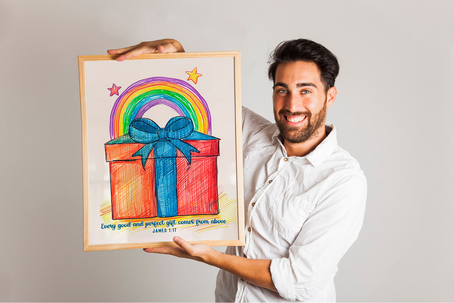 Watercolor Present With Rainbow, Bible Verse, Present Box, Religious Art Print