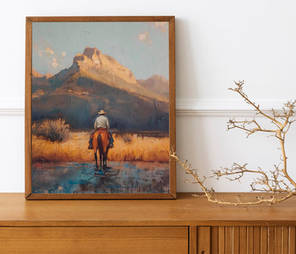Cowboy Riding Horse In Desert Country Art Print