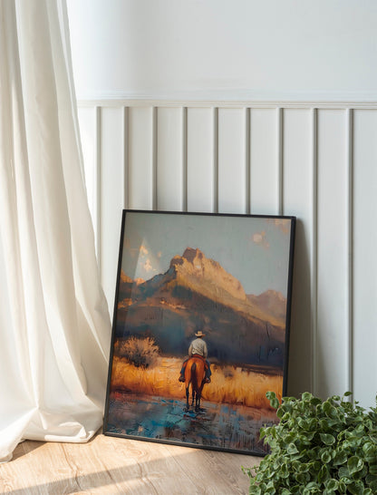 Cowboy Riding Horse In Desert Country Art Print