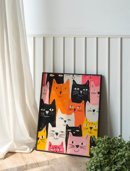 Cat Collage Boho Style Art Print, Cat Lovers Art